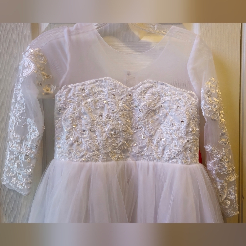 Unbranded White Beaded Tulle First Communion/JR Bridemaid/Formal Dress w/Train - Picture 3 of 12